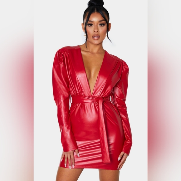 PrettyLittleThing | Dresses | Pretty Little Thing Red Pu Plunge Long Sleeve  Tie Detail Bodycon Dress | Poshmark